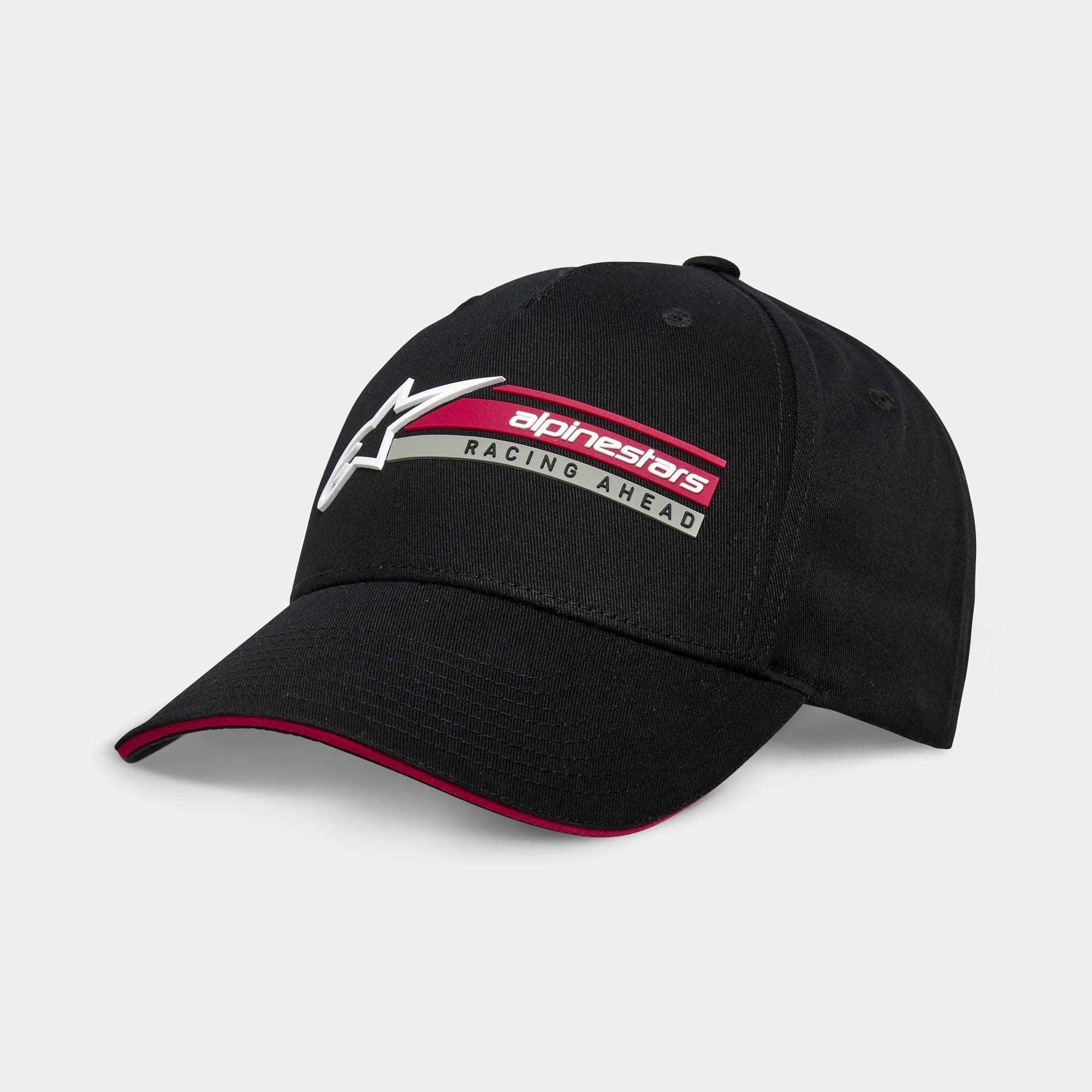 Alpinestars Par pet, zwarte sportswear snapback, voorzien van wit 3D-logo en rood/grijze grafische balk met 'Racing Ahead' tekst, gebogen klep met rood sandwich-detail, gestructureerd ontwerp van katoen keperstof