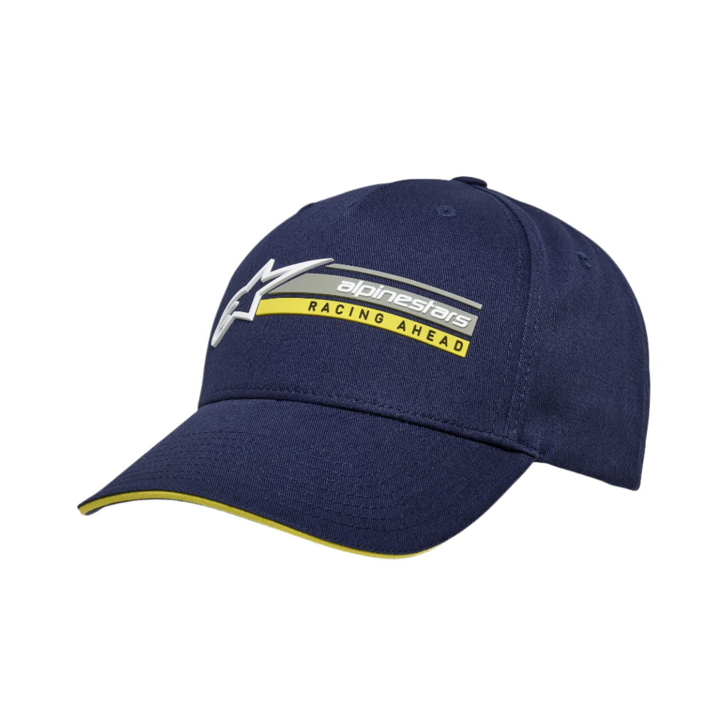 Alpinestars Par pet, donkerblauwe snapback pet, 3D-logo borduursel met gele 'RACING AHEAD' tekst, gebogen klep met geel sandwich-detail, gestructureerde katoenen keperstof, casual motorsport-hoofddeksel