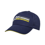 Alpinestars Par pet, donkerblauwe snapback pet, 3D-logo borduursel met gele 'RACING AHEAD' tekst, gebogen klep met geel sandwich-detail, gestructureerde katoenen keperstof, casual motorsport-hoofddeksel