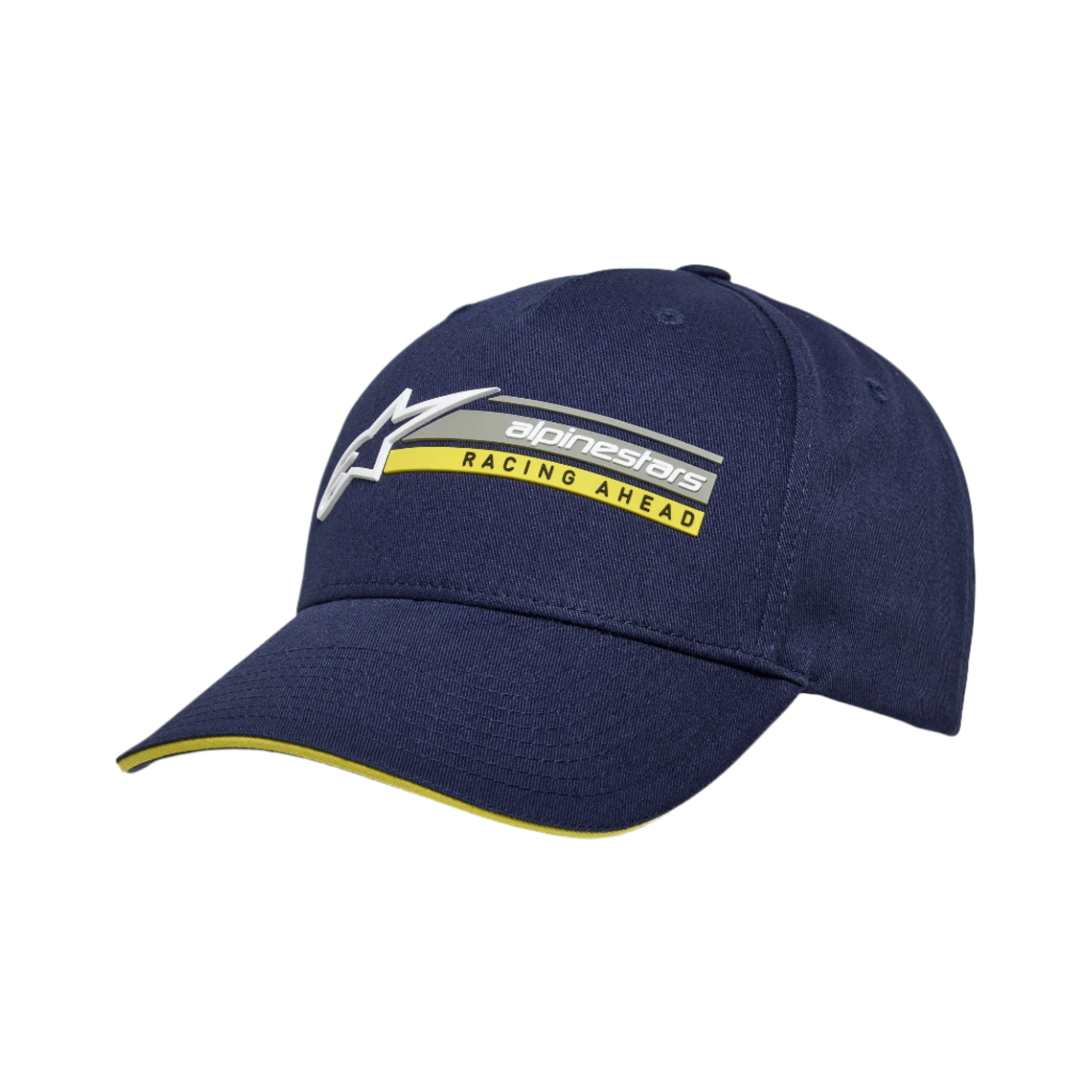 Alpinestars Par pet, donkerblauwe snapback pet, 3D-logo borduursel met gele 'RACING AHEAD' tekst, gebogen klep met geel sandwich-detail, gestructureerde katoenen keperstof, casual motorsport-hoofddeksel