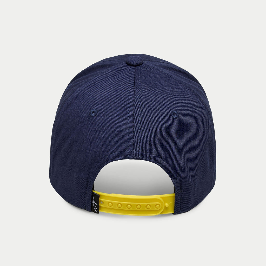 Alpinestars Par pet, navy snapback cap, achteraanzicht met een felgele verstelbare sluiting en een klein zwart logo-label, gestructureerde kroon van navy katoen keperstof, casual sportswear hoofdbedekking