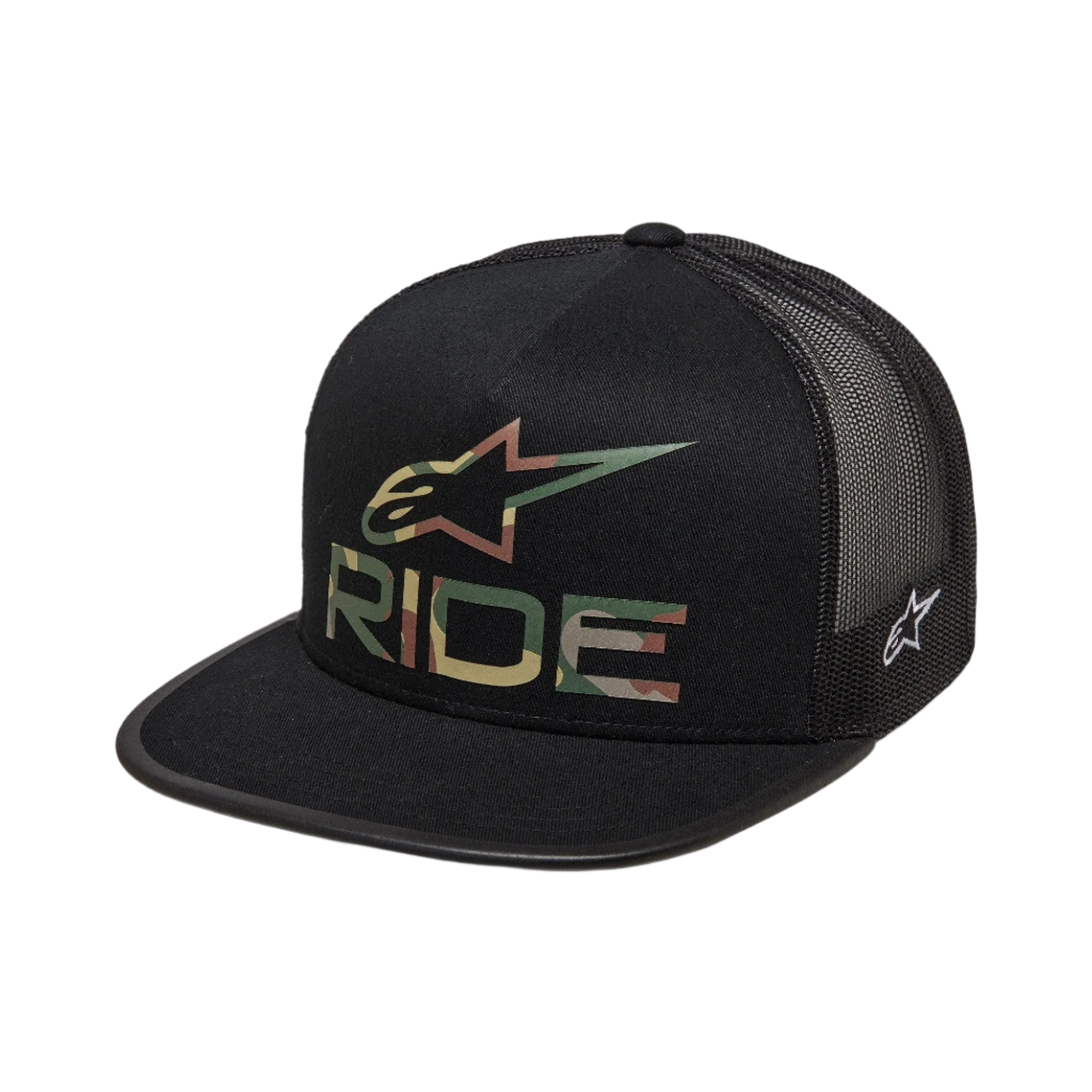 Alpinestars Ride 4.0 Camo Trucker pet, zwart, met een camouflage Alpinestars-logo en RIDE-tekst op de voorkant, platte klep, gestructureerde kroon, zwarte mesh achterkant voor ademend vermogen, casual op motorsport geïnspireerd ontwerp