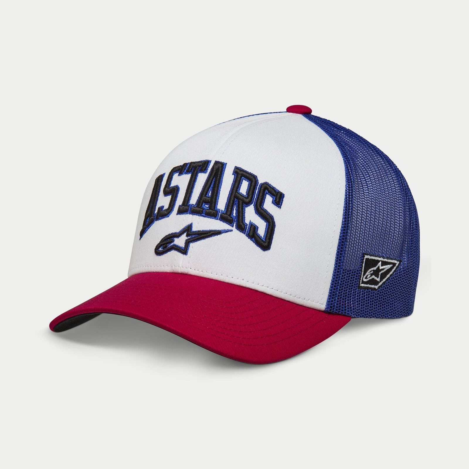 Alpinestars Dunker Trucker Hat, White Red and Blue, curved red bill, white front panel with blue mesh back, 3D Dunker embroidery on front, side logo graphic, casual motorsport-inspired headwear