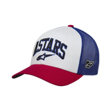 Alpinestars Dunker Trucker Hat, White Red and Blue, red curved bill with a white front panel and blue mesh back, features 3D ASTARS embroidery on the front, casual motorsport-inspired headwear