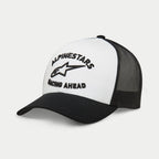 Alpinestars Triple Trucker pet, casual trucker cap, wit met zwart, 3D zwart borduurwerk met ster-logo en 'Racing Ahead' tekst, gebogen klep met mesh achterkant, sportswear streetwear