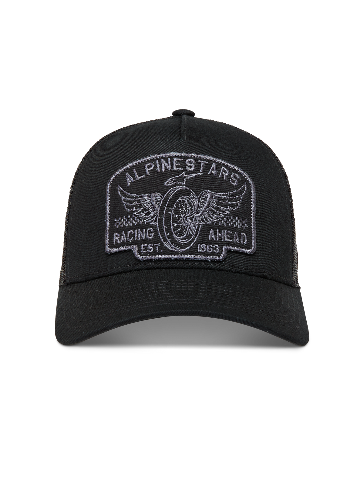 Alpinestars Heritage Patch Trucker pet, zwart en grijs, met een gebogen klep, mesh achterkant en geborduurd racing logo.