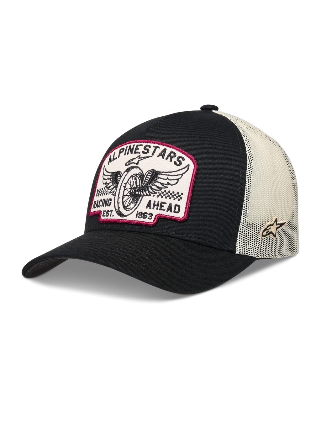 Alpinestars Heritage Patch Trucker hoed, zwarte truckerpet met wit gaas en een vintage racing logo patch.