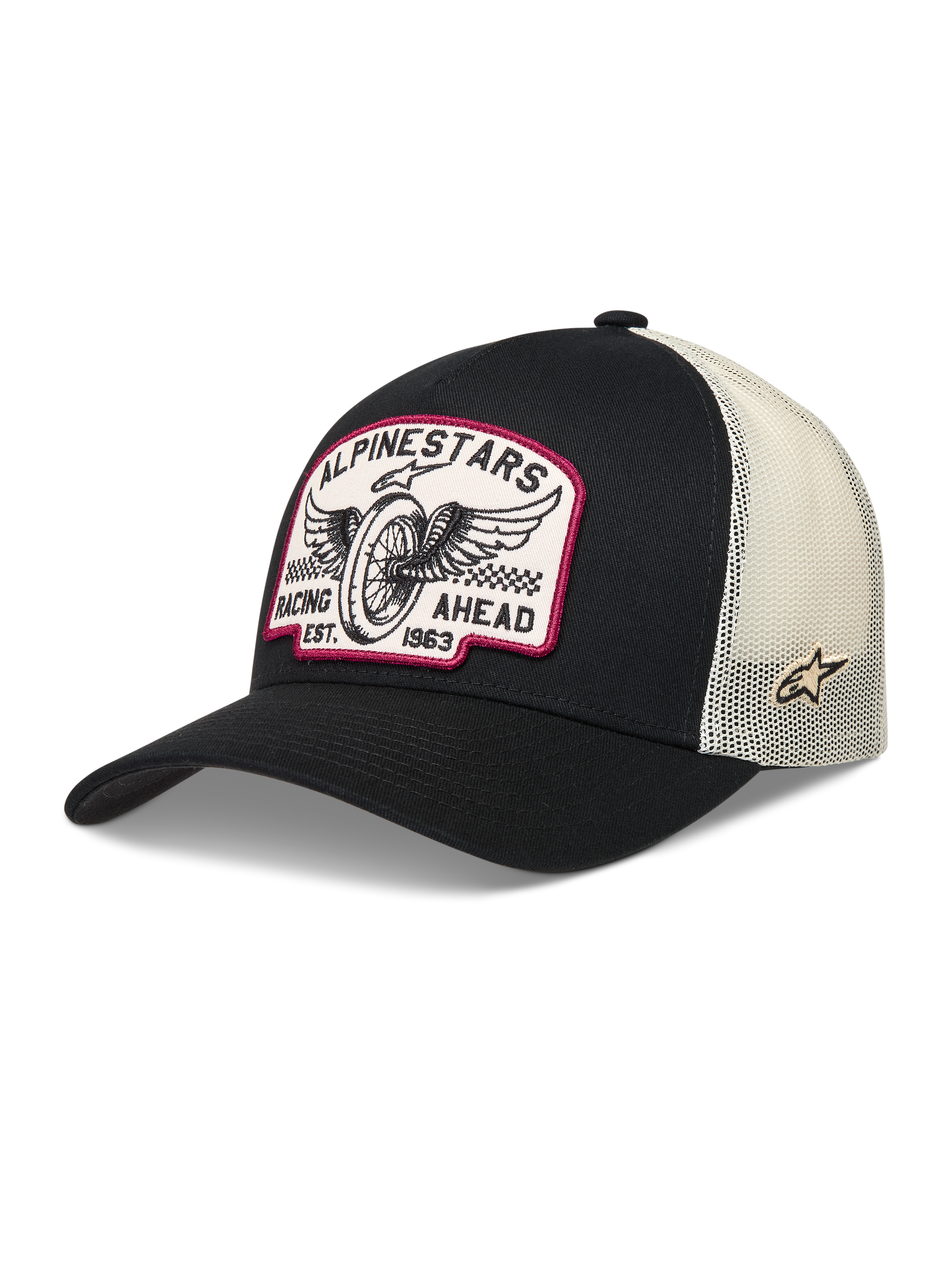 Alpinestars Heritage Patch Trucker hoed, zwarte truckerpet met wit gaas en een vintage racing logo patch.