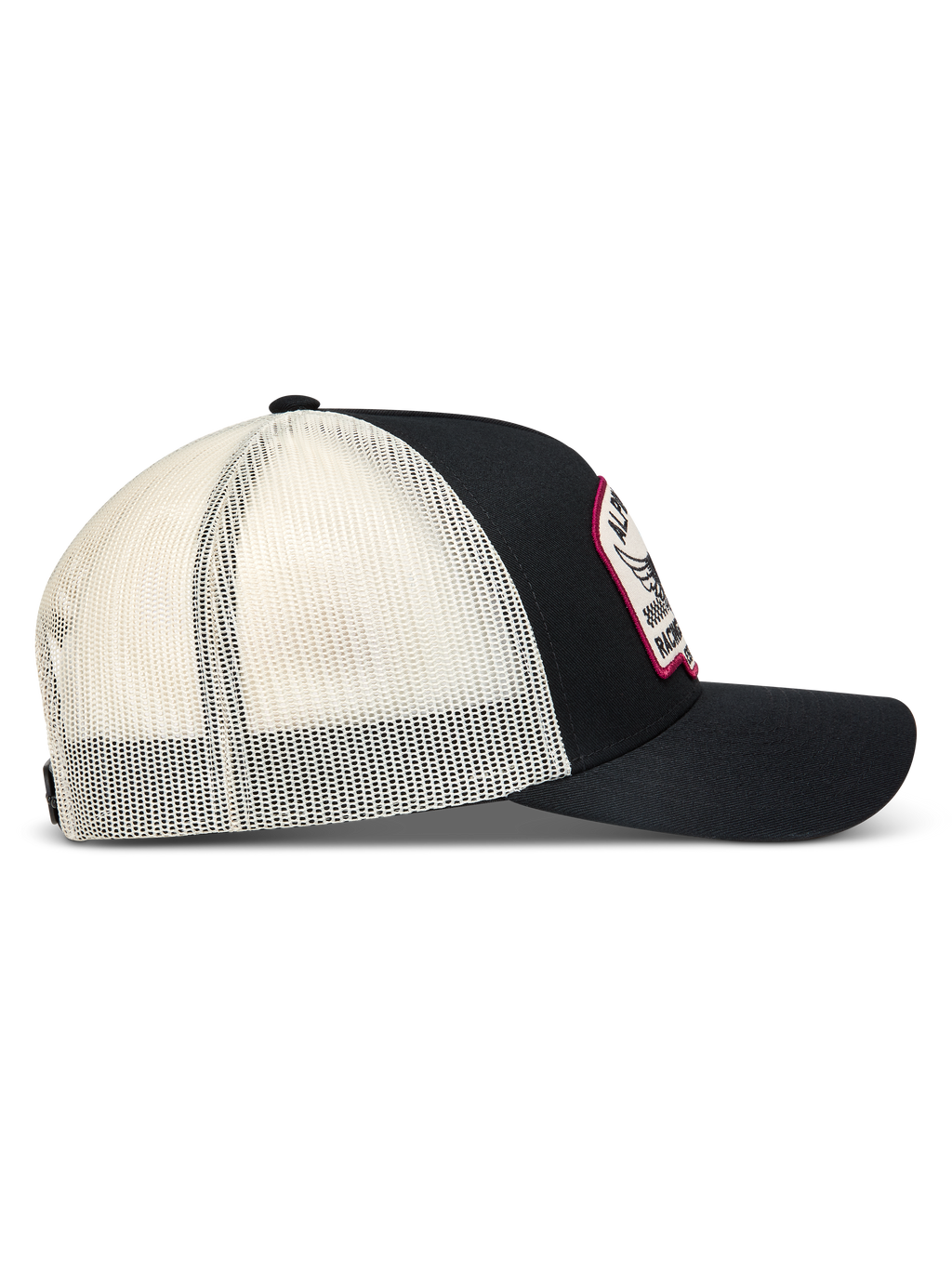 Alpinestars Heritage Patch Trucker pet, zwart en wit met mesh achterkant, gebogen klep en geborduurde patch.