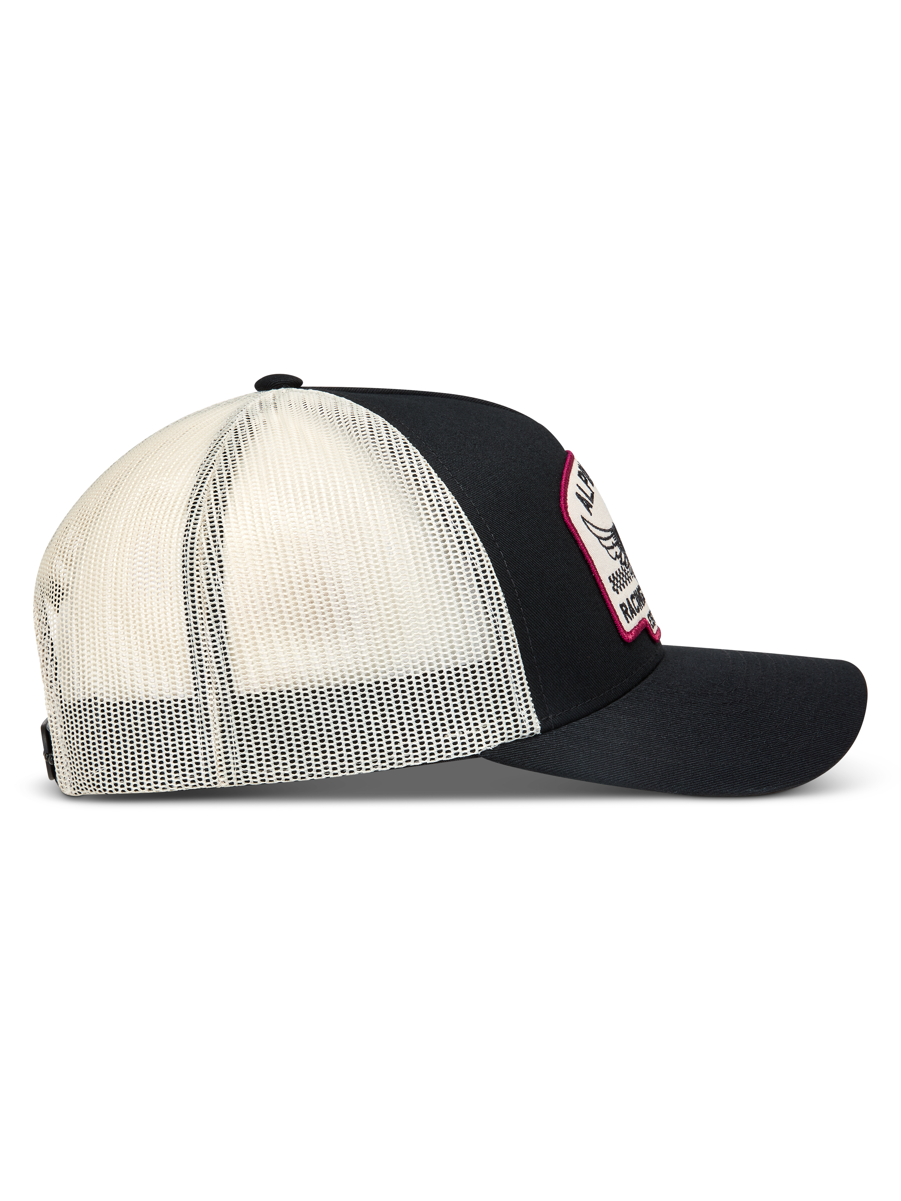 Alpinestars Heritage Patch Trucker pet, zwart en wit met mesh achterkant, gebogen klep en geborduurde patch.
