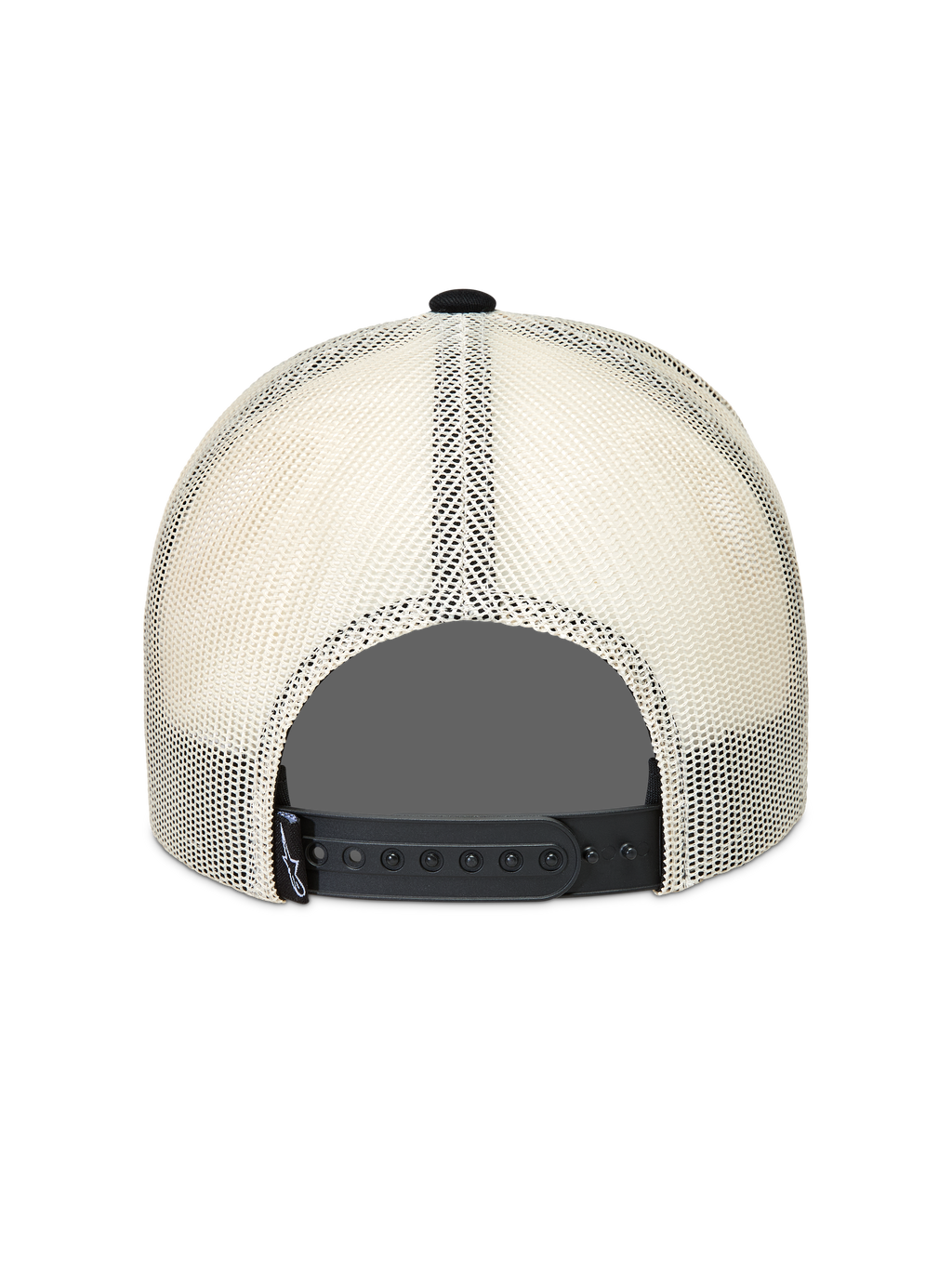 Alpinestars Heritage Patch Trucker hoed in zwart en naturel, achteraanzicht met ademende mesh achterzijde en verstelbare snapbacksluiting.