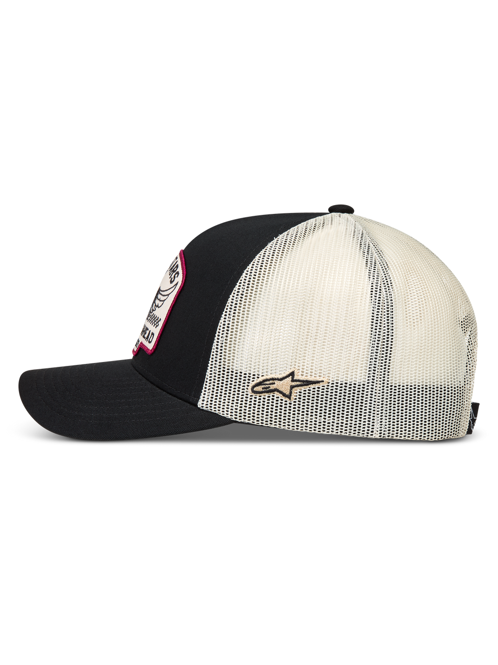 Alpinestars Heritage Patch Trucker hoed, trucker pet met mesh achterkant, zwart en wit, zij Ageless logo patch