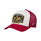 Alpinestars Heritage Patch Trucker Hat, casual snapback cap, wit voorpaneel met rode gebogen klep en mesh achterkant, met een grote geborduurde heritage-patch op de voorkant en een klein logo op de zijkant, gestructureerde kroon, op motorsport geïnspireerde hoofdbedekking