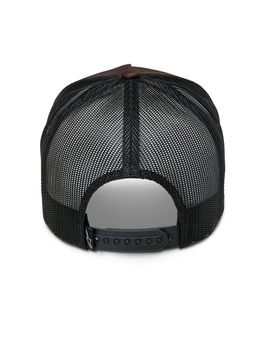 Alpinestars Heritage Patch Trucker pet, trucker pet, bruin en zwart, achteraanzicht met zwarte mesh-panelen, verstelbare snapback-sluiting en klein wit logodetail op het bandje