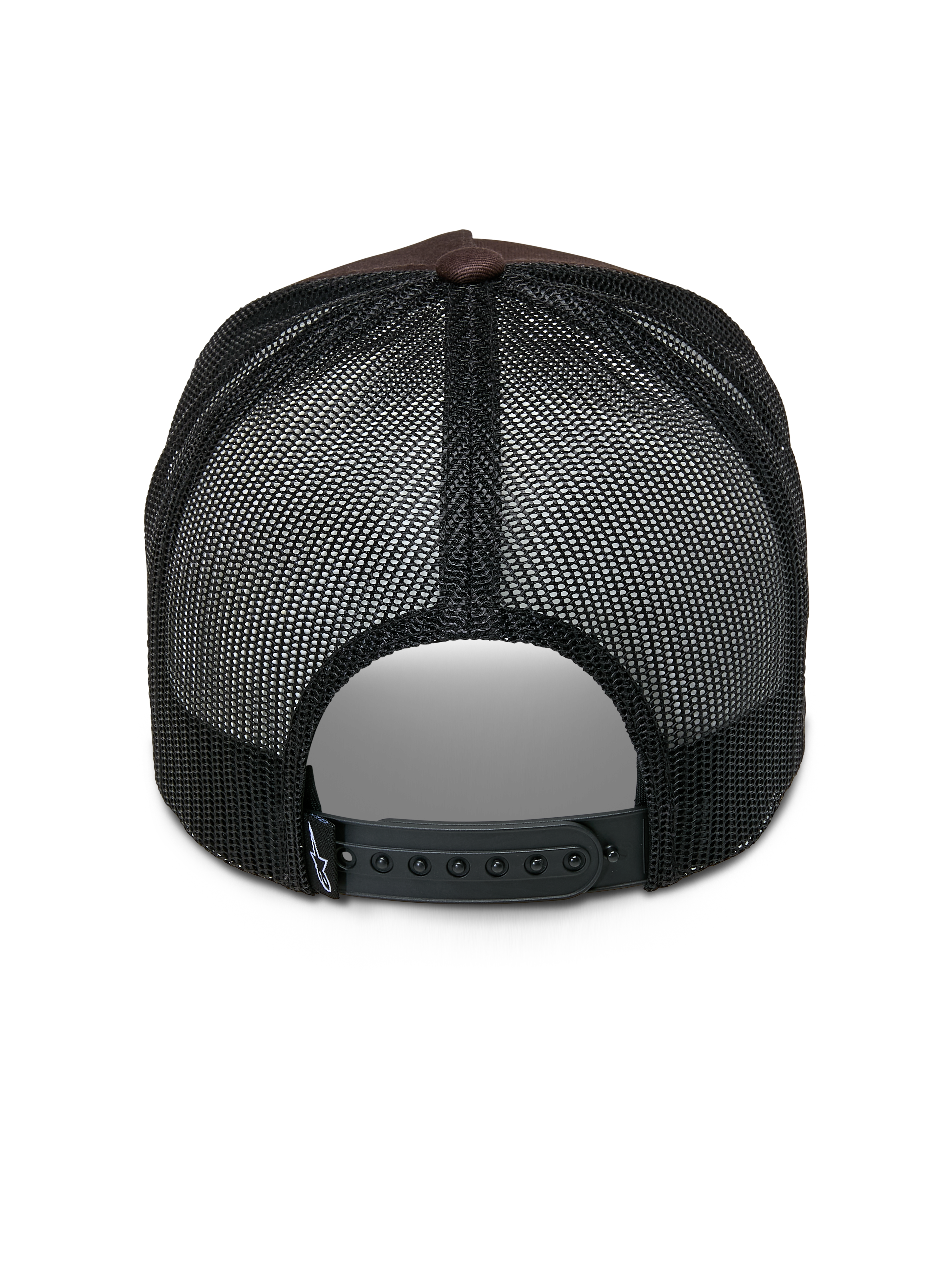 Alpinestars Heritage Patch Trucker pet, trucker pet, bruin en zwart, achteraanzicht met zwarte mesh-panelen, verstelbare snapback-sluiting en klein wit logodetail op het bandje
