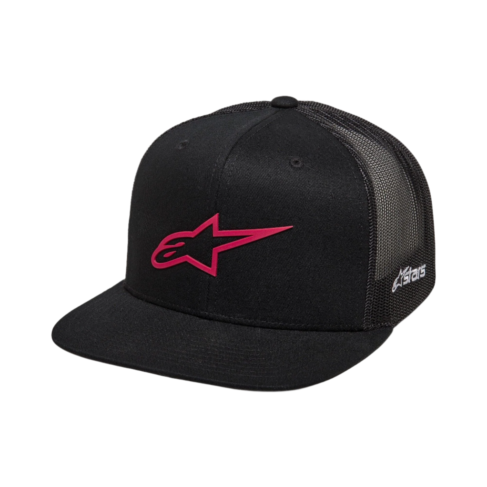 Alpinestars 3D Ageless Trucker pet, zwart met rood logo, met een platte klep en gestructureerde kroon, mesh achterkant, 3D geborduurd logo, casual motorsport hoofdbedekking
