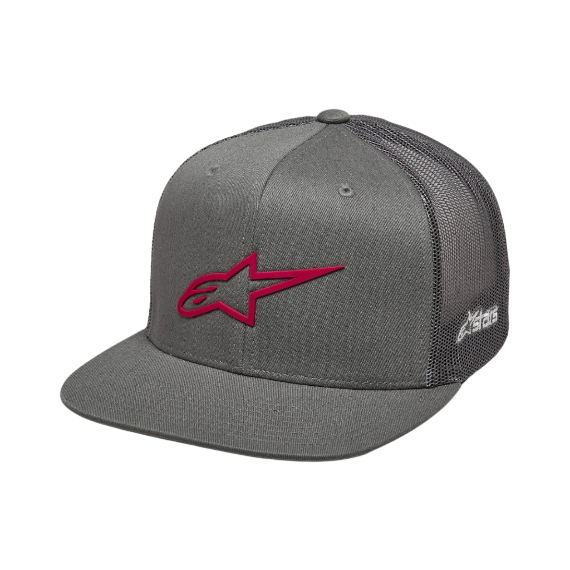 Alpinestars 3D Ageless Trucker pet, grijs en rood, platte klep met gestructureerde kroon, twill voorkant en mesh achterkant, voorzien van een opvallend rood 3D-geborduurd logo op de voorzijde en witte branding op de zijkant, casual motorsport hoofddeksel