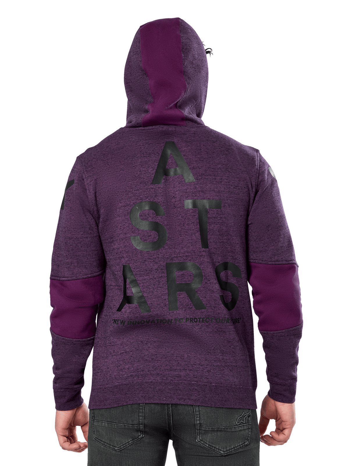 Alpinestars Perpetuate Hoodie, paars gemêleerde pullover fleece, achteraanzicht met grote zwarte 'ASTARS' graphic en 'NEW INNOVATION TO PROTECT OUR FUTURE' tekst, effen paarse kleurvlakken op de mouwen en capuchon, casual op de motorsport geïnspireerd ontwerp