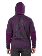 Alpinestars Perpetuate Hoodie, paars gemêleerde pullover fleece, achteraanzicht met grote zwarte 'ASTARS' graphic en 'NEW INNOVATION TO PROTECT OUR FUTURE' tekst, effen paarse kleurvlakken op de mouwen en capuchon, casual op de motorsport geïnspireerd ontwerp