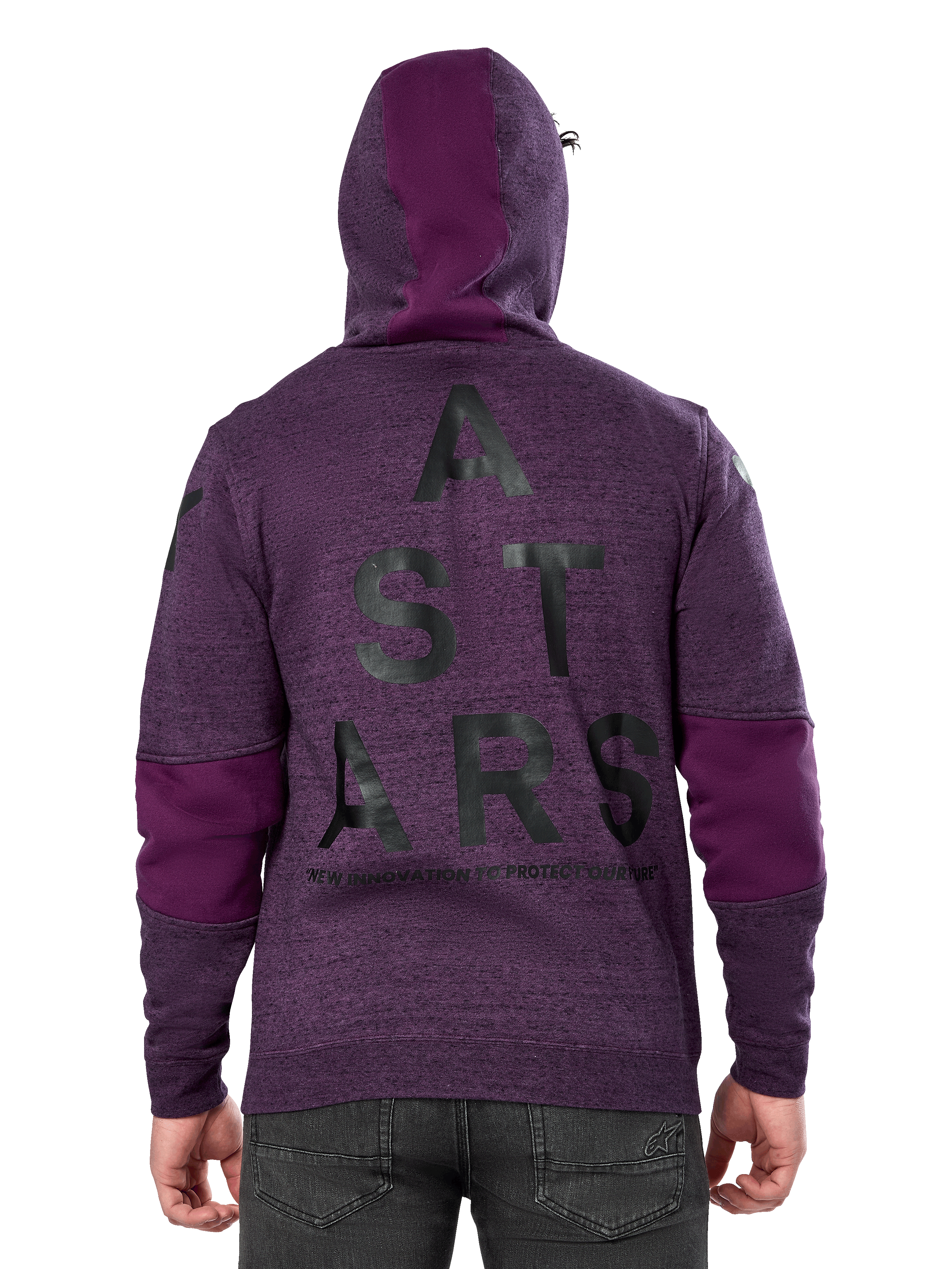 Alpinestars Perpetuate Hoodie, paars gemêleerde pullover fleece, achteraanzicht met grote zwarte 'ASTARS' graphic en 'NEW INNOVATION TO PROTECT OUR FUTURE' tekst, effen paarse kleurvlakken op de mouwen en capuchon, casual op de motorsport geïnspireerd ontwerp