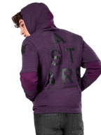 Alpinestars Perpetuate Hoodie, paarse gemêleerde fleece, achteraanzicht met grote zwarte 'A STARS' graphic en donkerpaarse kleurvlakken op de ellebogen en capuchon, casual streetwear geïnspireerd op de motorsport.