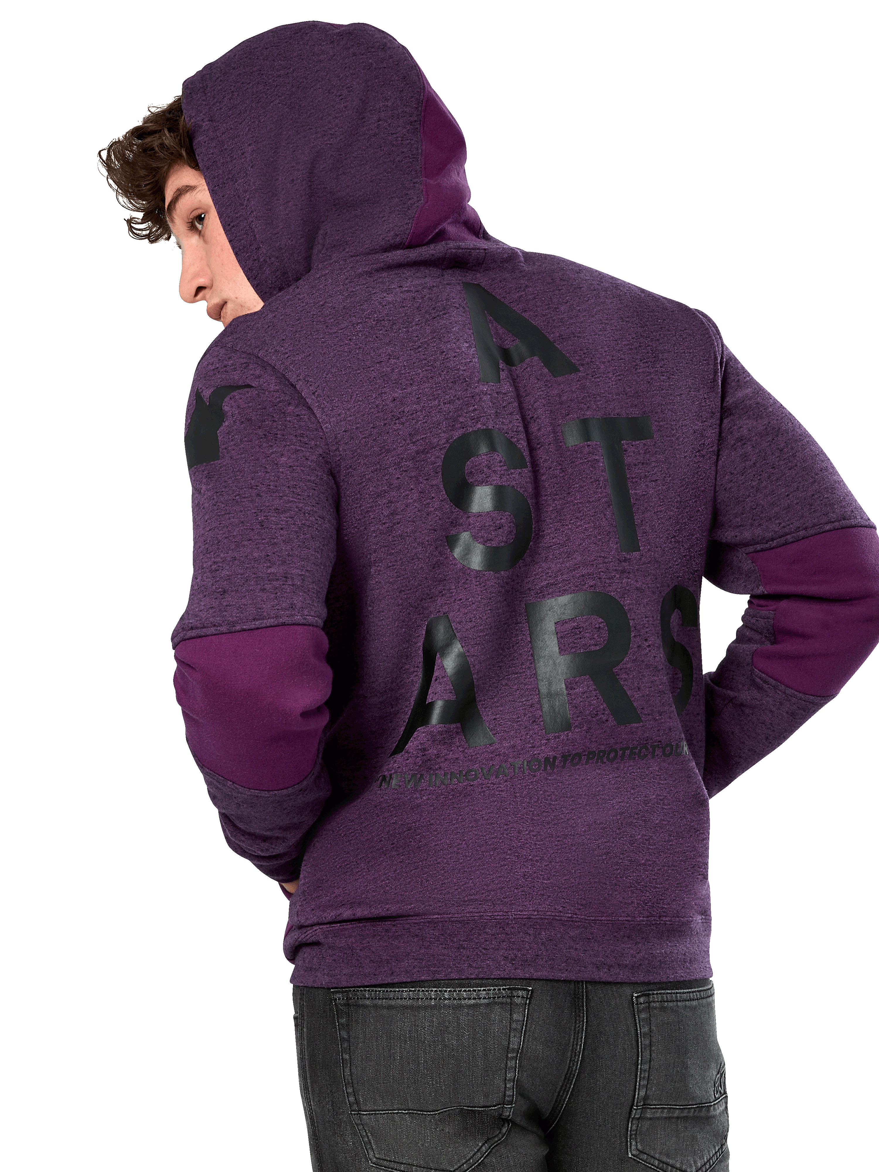 Alpinestars Perpetuate Hoodie, paarse gemêleerde fleece, achteraanzicht met grote zwarte 'A STARS' graphic en donkerpaarse kleurvlakken op de ellebogen en capuchon, casual streetwear geïnspireerd op de motorsport.