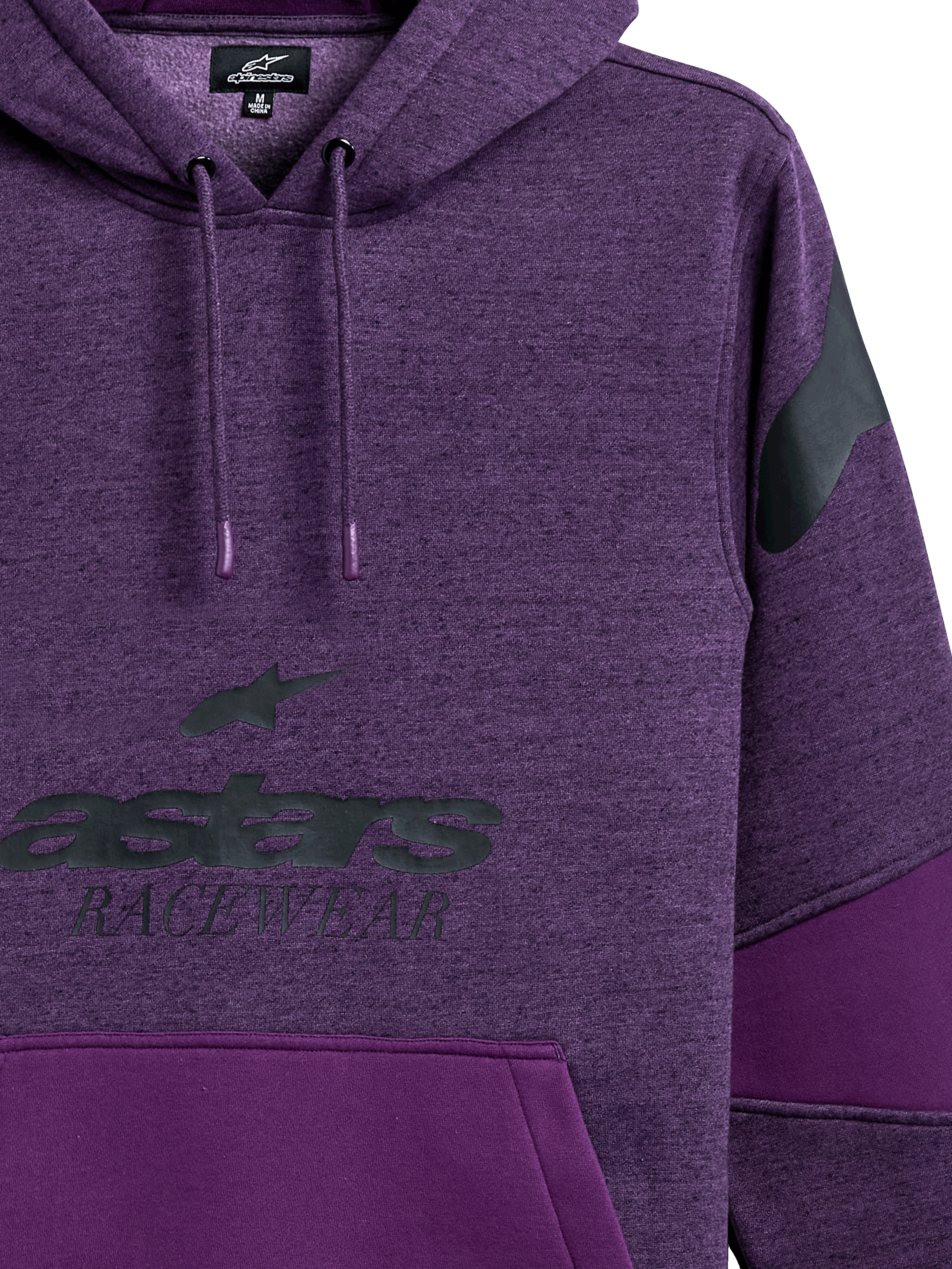 Alpinestars Perpetuate Hoodie, paars gemêleerde pullover hoodie, zwarte astars RACEWEAR graphic op de borst, zwart logo op de schouder, stofblokken met effen paarse panelen, capuchon met trekkoord en gedompelde uiteinden, casual motorsport-geïnspireerd ontwerp