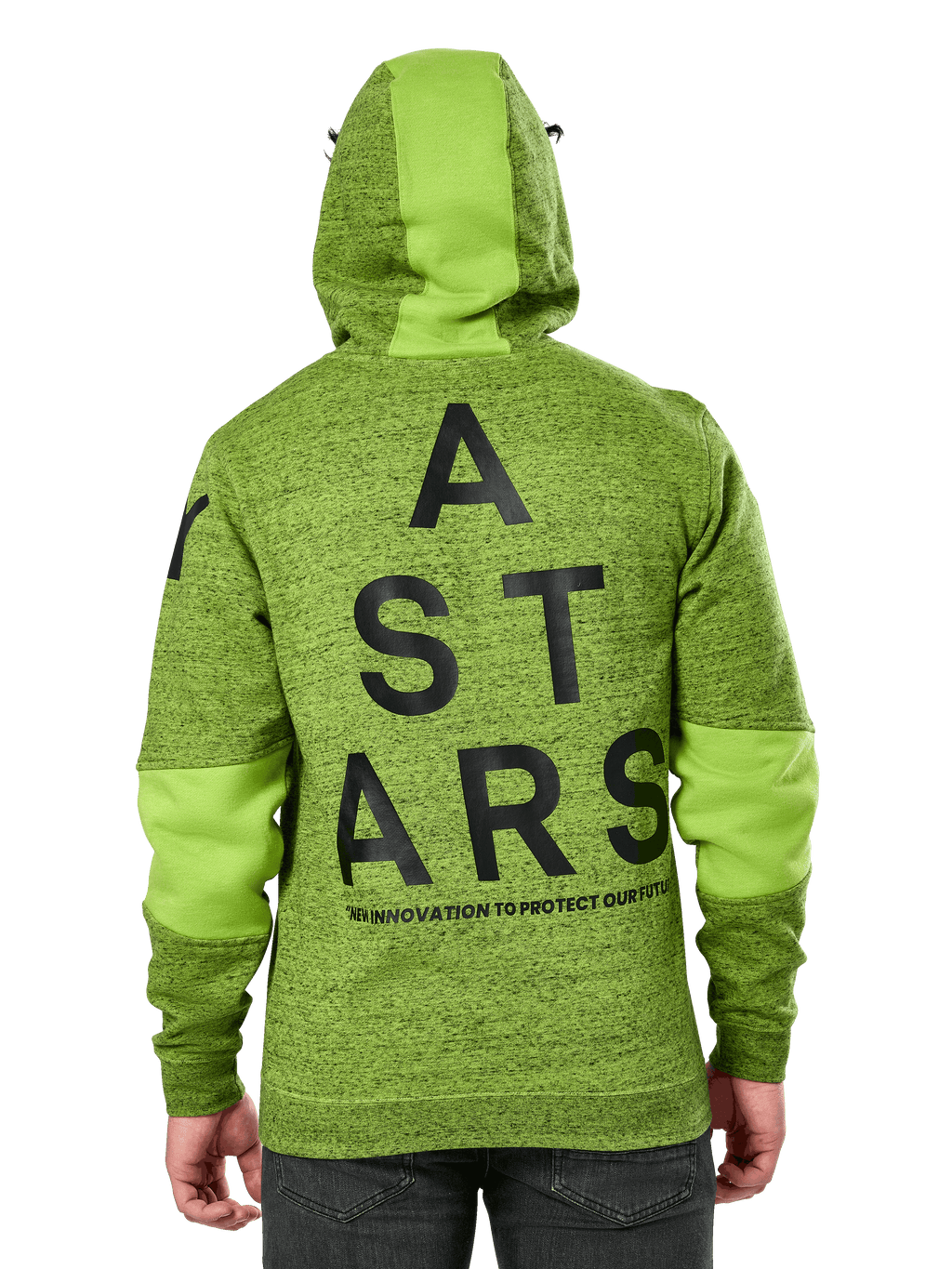 Alpinestars Perpetuate Hoodie, achteraanzicht, limoengroene gemêleerde fleece met effen groene kleurvlakken op de capuchon en mouwen, groot zwart ASTARS-logo op de rug, casual motorsport-geïnspireerde streetwear