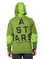 Alpinestars Perpetuate Hoodie, achteraanzicht, limoengroene gemêleerde fleece met effen groene kleurvlakken op de capuchon en mouwen, groot zwart ASTARS-logo op de rug, casual motorsport-geïnspireerde streetwear