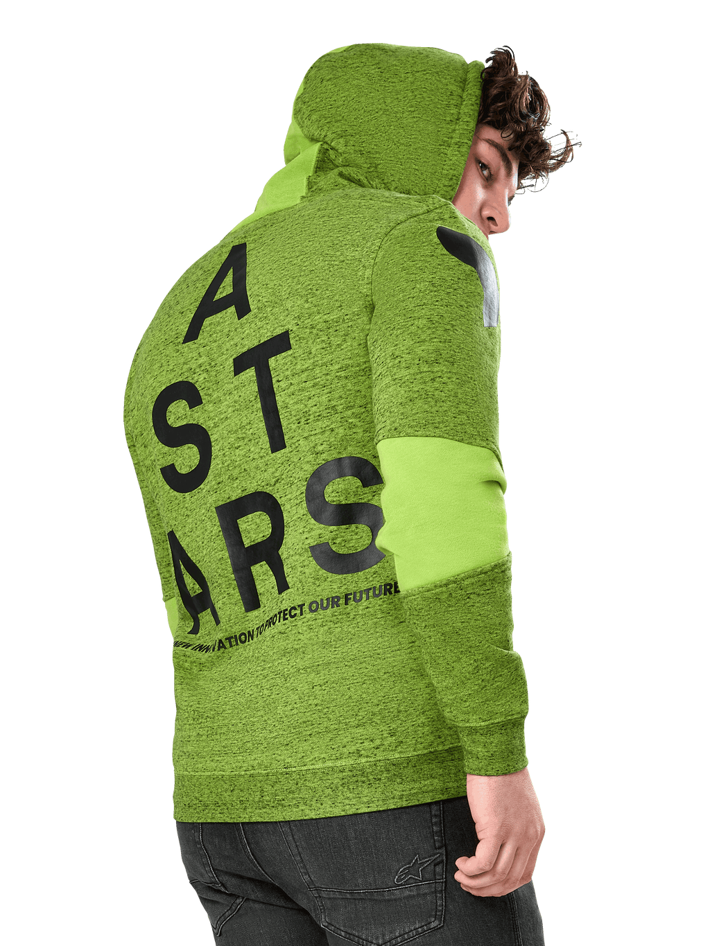 Alpinestars Perpetuate Hoodie, casual sportswear hoodie, limoengroen gemêleerd fleece, achteraanzicht met grote zwarte verticale ASTARS-graphic op de rug en schouderlogo, stofblokkering op de mouwen, capuchon met trekkoord, moderne motorsport-geïnspireerde streetwear.