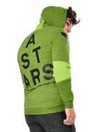 Alpinestars Perpetuate Hoodie, casual sportswear hoodie, limoengroen gemêleerd fleece, achteraanzicht met grote zwarte verticale ASTARS-graphic op de rug en schouderlogo, stofblokkering op de mouwen, capuchon met trekkoord, moderne motorsport-geïnspireerde streetwear.