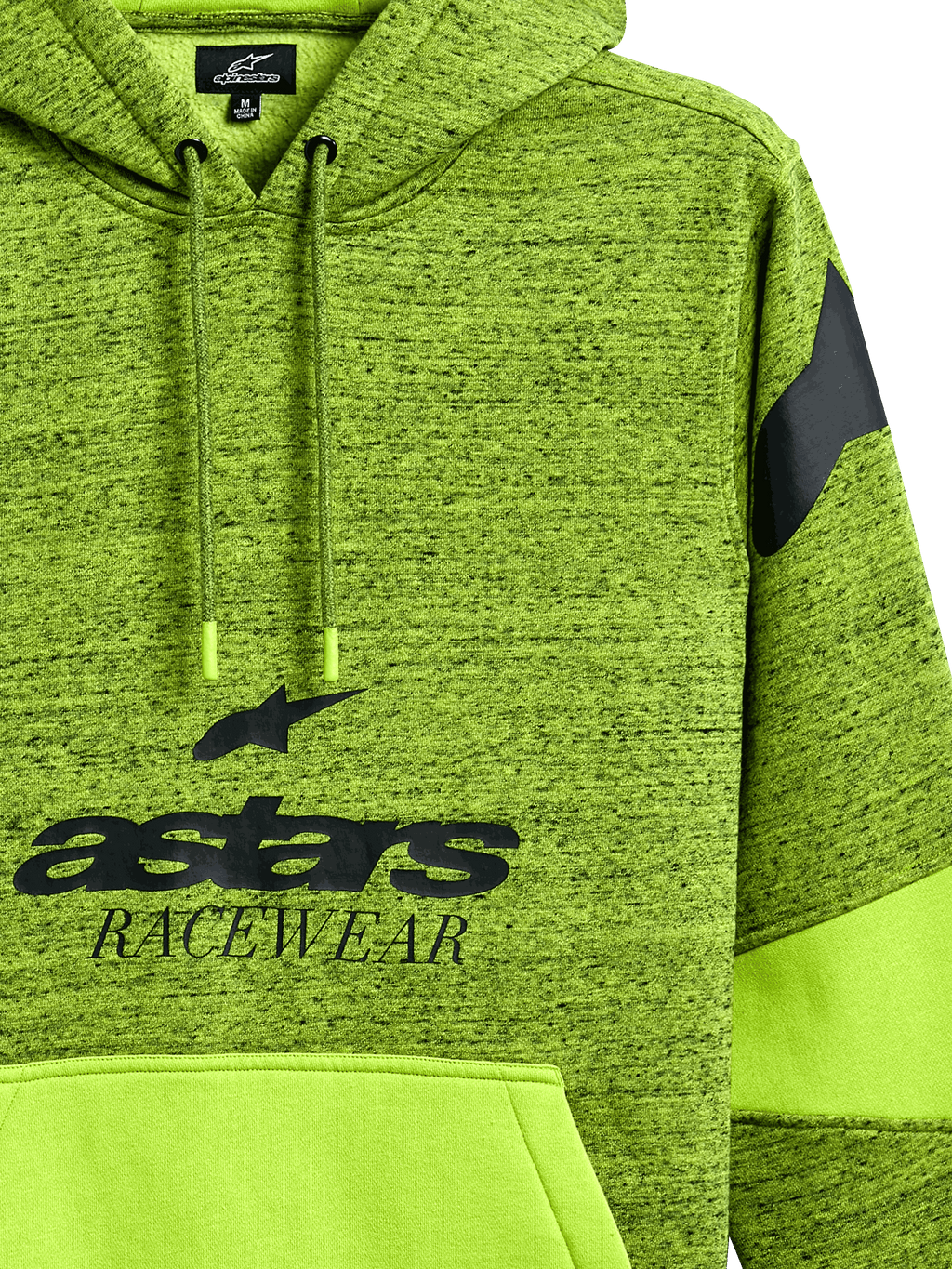 Alpinestars Perpetuate Hoodie, limegroene heather pullover, met zwart 'astars RACEWEAR' logo, effen lime kangoeroezak met stofblokkering, capuchon met trekkoord en logo op de schouder, casual motorsport-geïnspireerde sportkleding.