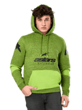 Alpinestars Perpetuate Hoodie, heren pullover hoodie in gemêleerd groen en limegroen, met felgroene kleurvlakken op de kangoeroezak en mouwen, zwart 'astars RACEWEAR' logo op de borst en sterlogo's op de schouders, casual motorsport streetwear