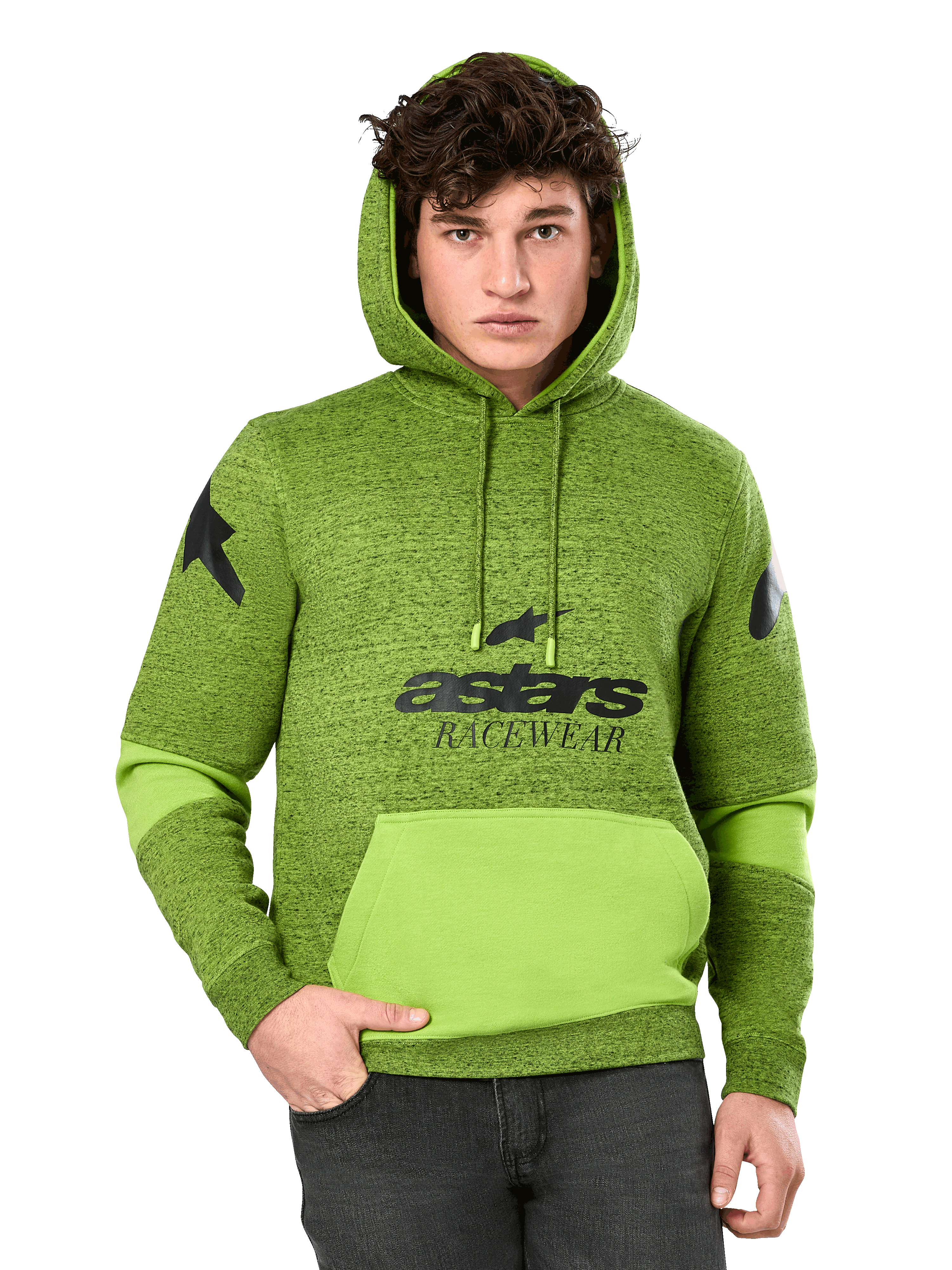 Alpinestars Perpetuate Hoodie, heren pullover hoodie in gemêleerd groen en limegroen, met felgroene kleurvlakken op de kangoeroezak en mouwen, zwart 'astars RACEWEAR' logo op de borst en sterlogo's op de schouders, casual motorsport streetwear