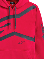 Alpinestars Unbound Hoodie, rood, close-up van de borst en mouw met grote donkergrijze grafische logo's, capuchon met trekkoorden, kangoeroezak, casual motorsport-geïnspireerde streetwear