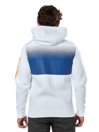 Alpinestars Specter Hoodie, wit, casual streetwear hoodie met een blauwe kleurverloop-print op de achterkant, oranje woordmerk-logo op de mouw, achteraanzicht