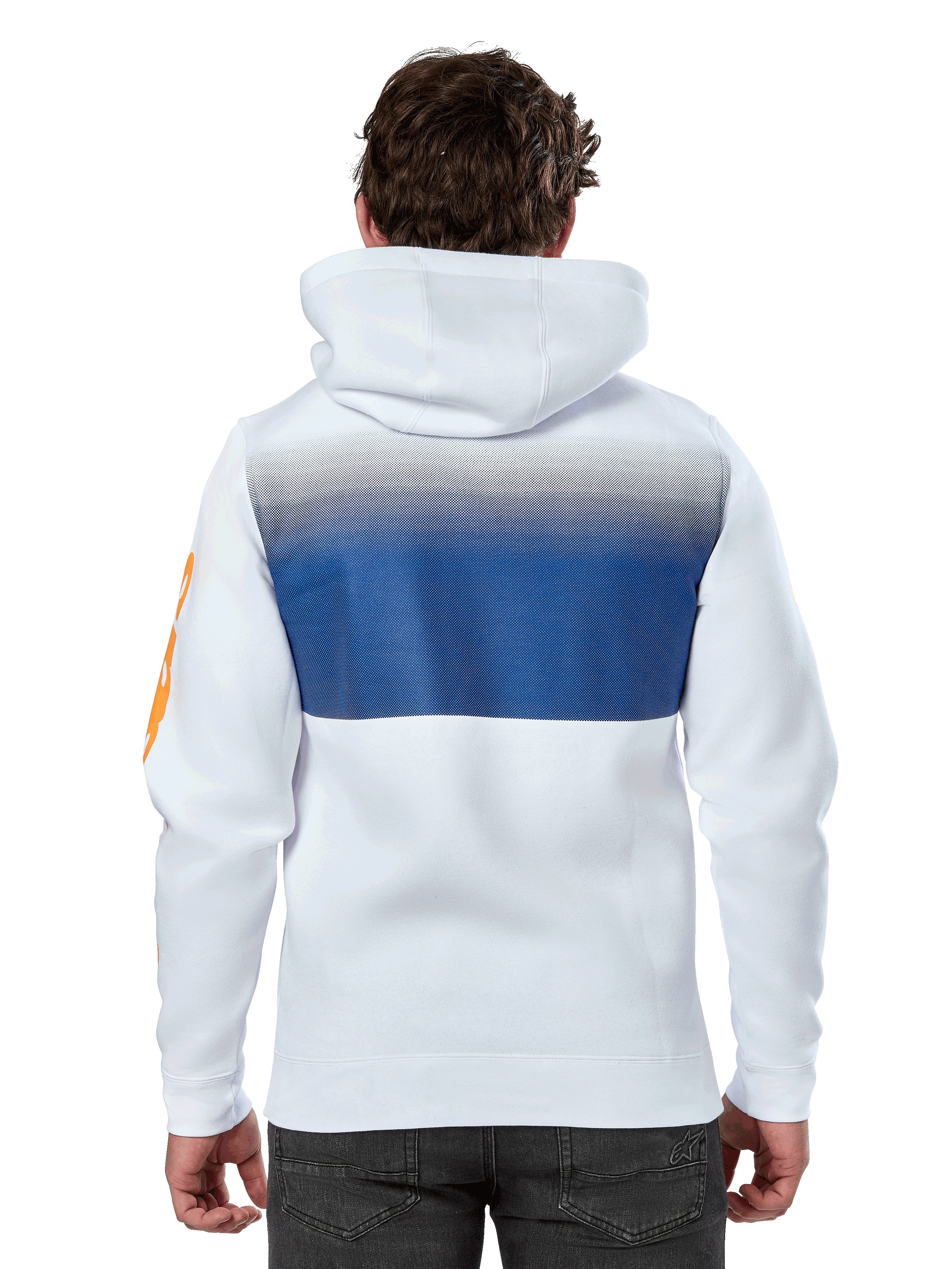 Alpinestars Specter Hoodie, wit, casual streetwear hoodie met een blauwe kleurverloop-print op de achterkant, oranje woordmerk-logo op de mouw, achteraanzicht