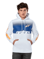 Alpinestars Specter hoodie, wit met blauw kleurverloop op de borst, voorzien van oranje sterlogo en tekst op de mouwen, witte astars-tekst, kangoeroezak aan de voorzijde, capuchon met trekkoord, casual motorsport streetwear