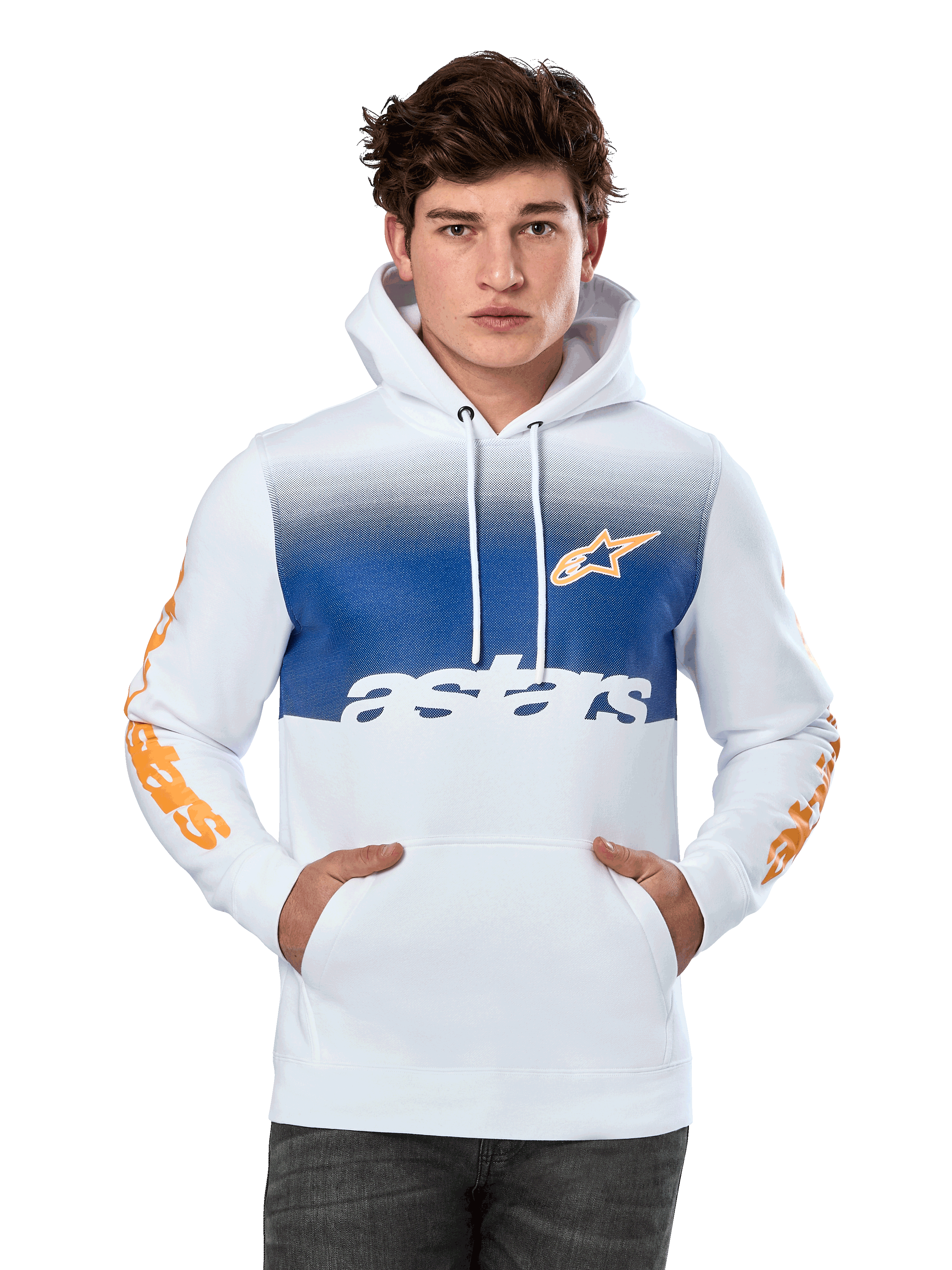 Alpinestars Specter hoodie, wit met blauw kleurverloop op de borst, voorzien van oranje sterlogo en tekst op de mouwen, witte astars-tekst, kangoeroezak aan de voorzijde, capuchon met trekkoord, casual motorsport streetwear
