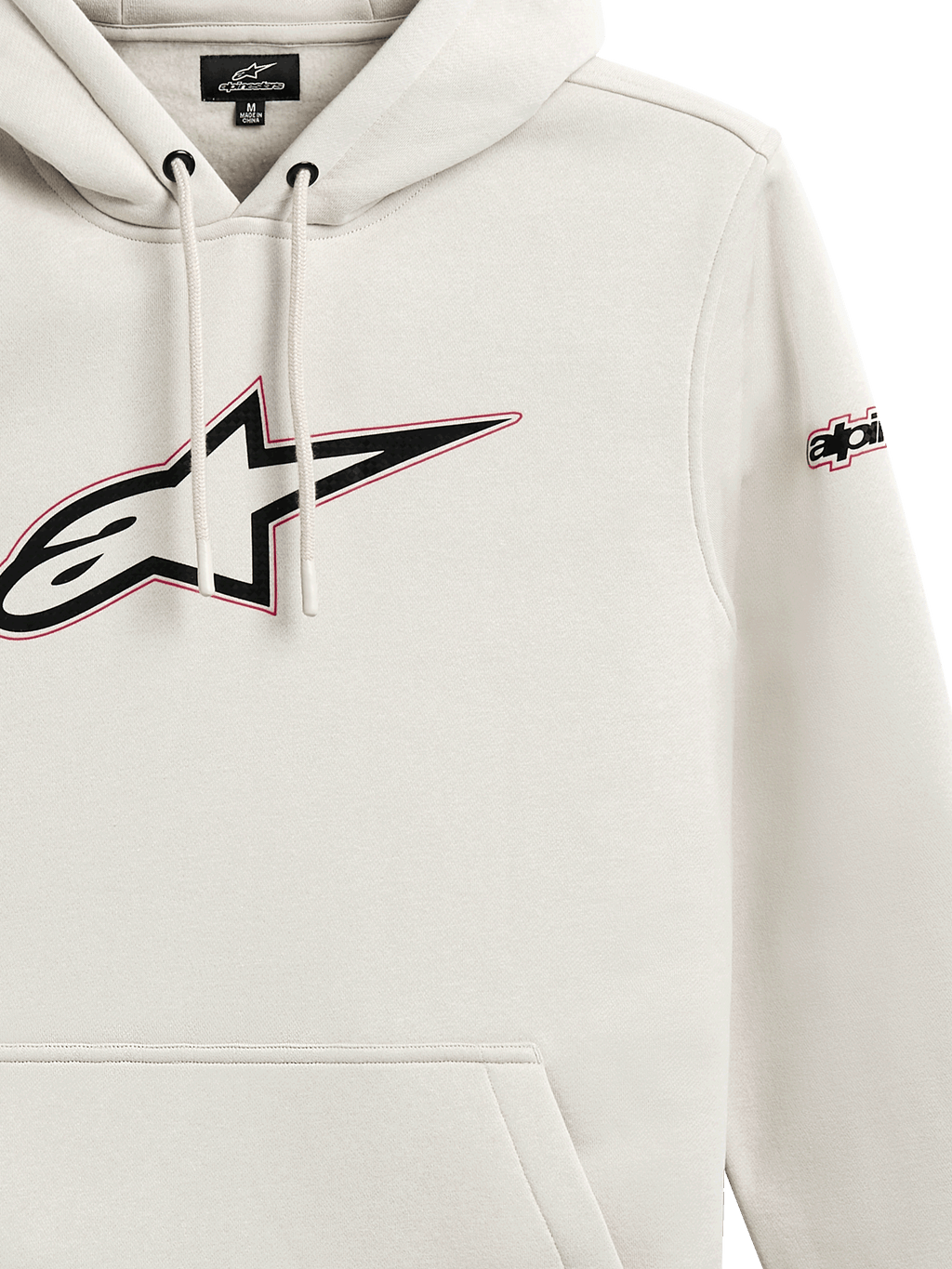 Alpinestars Insignia Hoodie, casual pullover fleece, off-white, groot Astars-logo op de borst met rode omtrek, logo op de mouw, capuchon met trekkoord, kangoeroezak, op de motorsport geïnspireerd ontwerp