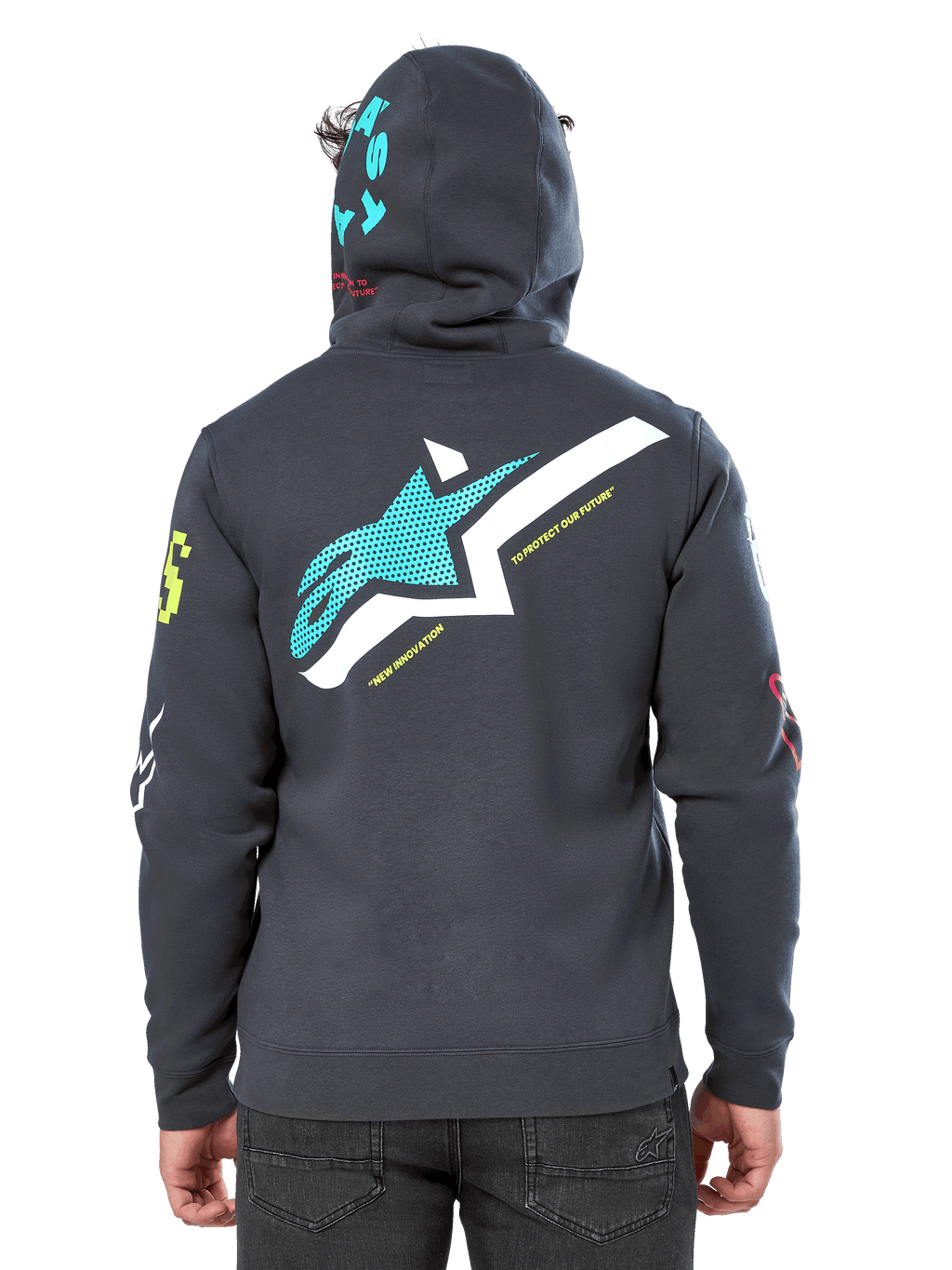 Alpinestars Variegate Hoodie, achteraanzicht, Gunmetal Gray, met groot groenblauw en wit Astars-logo op de rug en 'New Innovation' tekst, groenblauwe 'Astars' graphic op de capuchon, kleurrijke logo's op de mouwen, casual motorsport streetwear