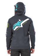 Alpinestars Variegate Hoodie, achteraanzicht, Gunmetal Gray, met groot groenblauw en wit Astars-logo op de rug en 'New Innovation' tekst, groenblauwe 'Astars' graphic op de capuchon, kleurrijke logo's op de mouwen, casual motorsport streetwear