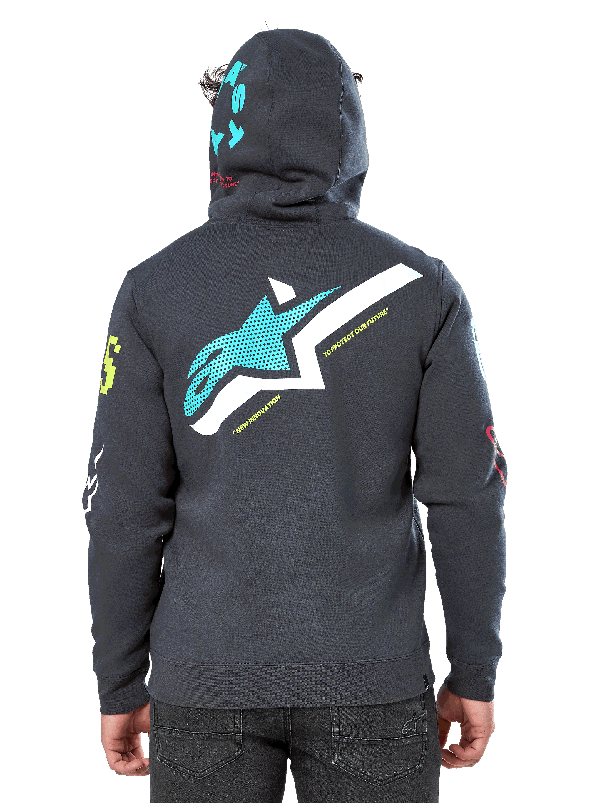 Alpinestars Variegate Hoodie, back view, Gunmetal Gray, features large teal and white Astars logo on back with 'New Innovation' text, teal 'Astars' graphic on hood, colorful sleeve logos, casual motorsport streetwear