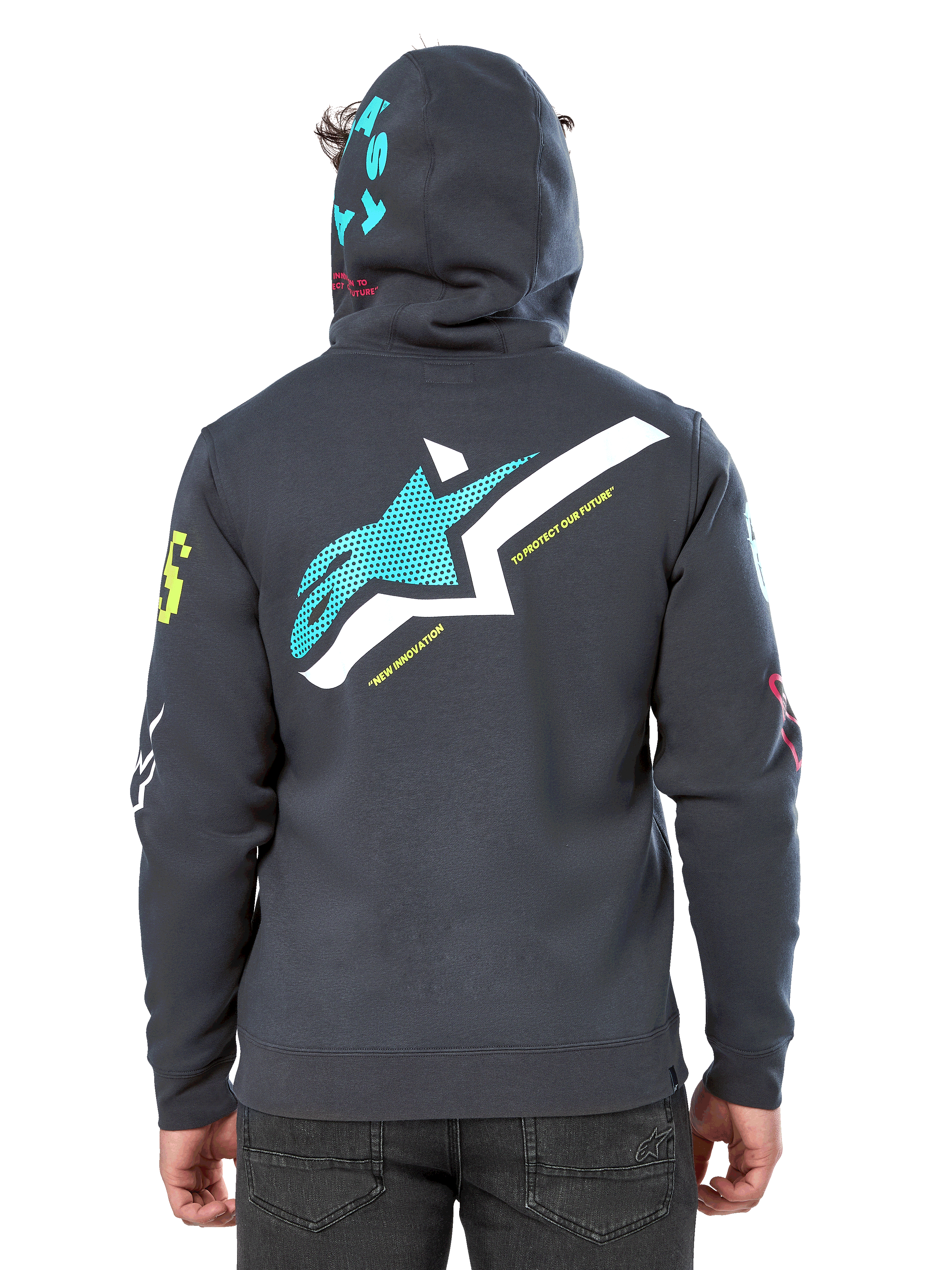 Alpinestars Variegate Hoodie, achteraanzicht, Gunmetal Gray, met groot groenblauw en wit Astars-logo op de rug en 'New Innovation' tekst, groenblauwe 'Astars' graphic op de capuchon, kleurrijke logo's op de mouwen, casual motorsport streetwear