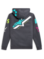 Alpinestars Variegate Hoodie, achteraanzicht, gunmetal grijs met groot blauwgroen en wit sterlogo, levendige veelkleurige grafische logo's op de mouwen en capuchon, casual door motorsport geïnspireerde streetwear
