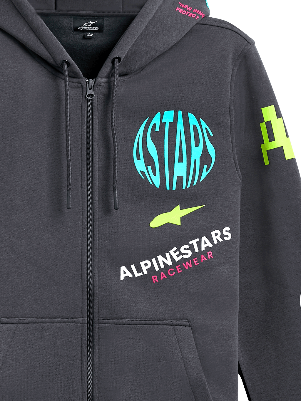 Alpinestars Variegate Hoodie, fleece hoodie met ritssluiting, Gunmetal grijs met veelkleurige logo-graphics, voorzien van een lichtblauwe ASTARS-cirkel, limoengroene accenten en roze belettering, casual motorsport streetwear