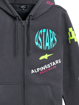 Alpinestars Variegate Hoodie, zip-front fleece hoodie, Gunmetal Gray with multi-colored logo graphics, featuring light blue ASTARS circle, lime green accents, and pink lettering, casual motorsport streetwear
