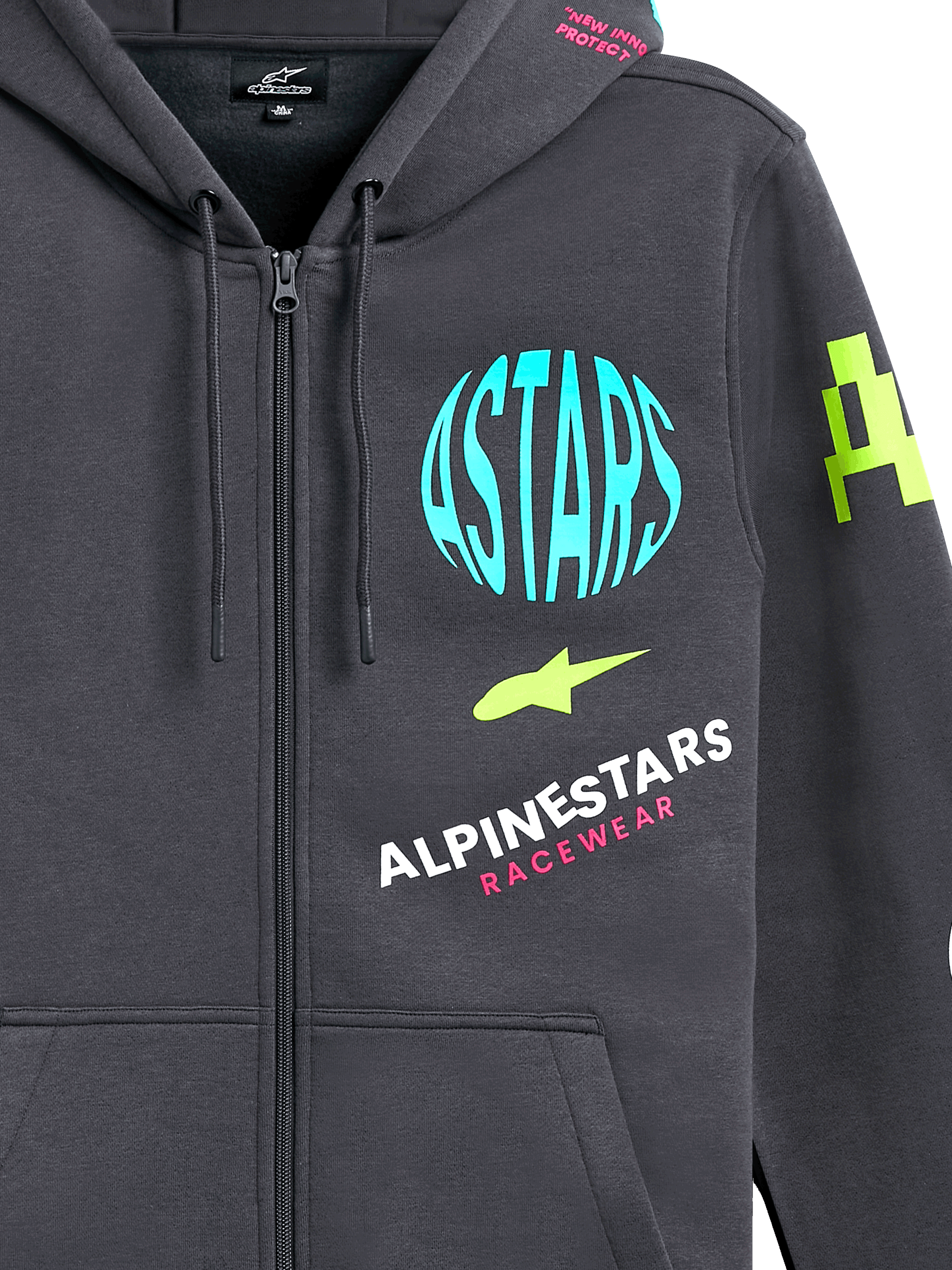 Alpinestars Variegate Hoodie, zip-front fleece hoodie, Gunmetal Gray with multi-colored logo graphics, featuring light blue ASTARS circle, lime green accents, and pink lettering, casual motorsport streetwear