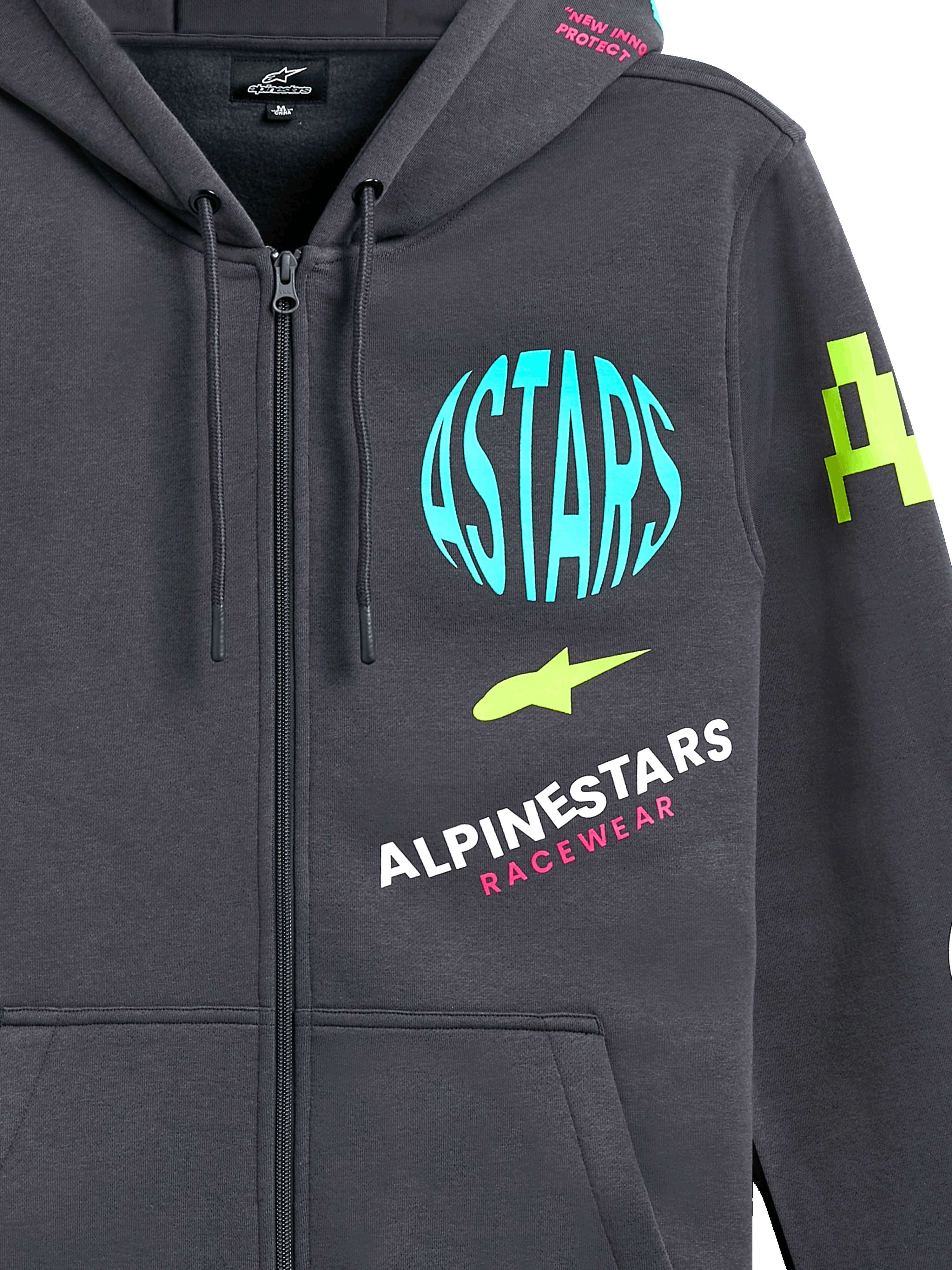 Alpinestars Variegate Hoodie, fleece hoodie met ritssluiting, Gunmetal grijs met veelkleurige logo-graphics, voorzien van een lichtblauwe ASTARS-cirkel, limoengroene accenten en roze belettering, casual motorsport streetwear