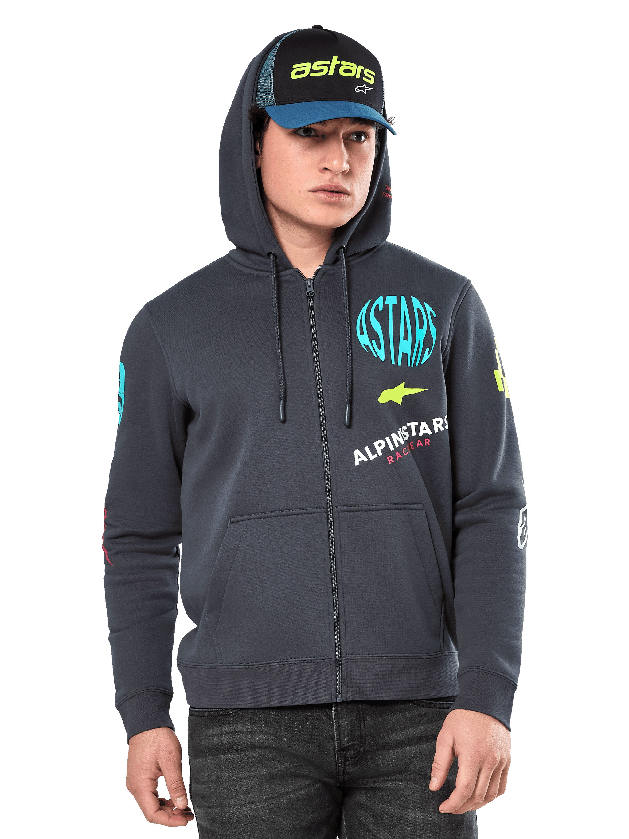 Alpinestars Variegate Hoodie, Zip-front fleece hoodie, Gunmetal gray with multi-color logo graphics on chest and sleeves, worn by model with matching cap, casual streetwear with kangaroo pockets and full-length zipper